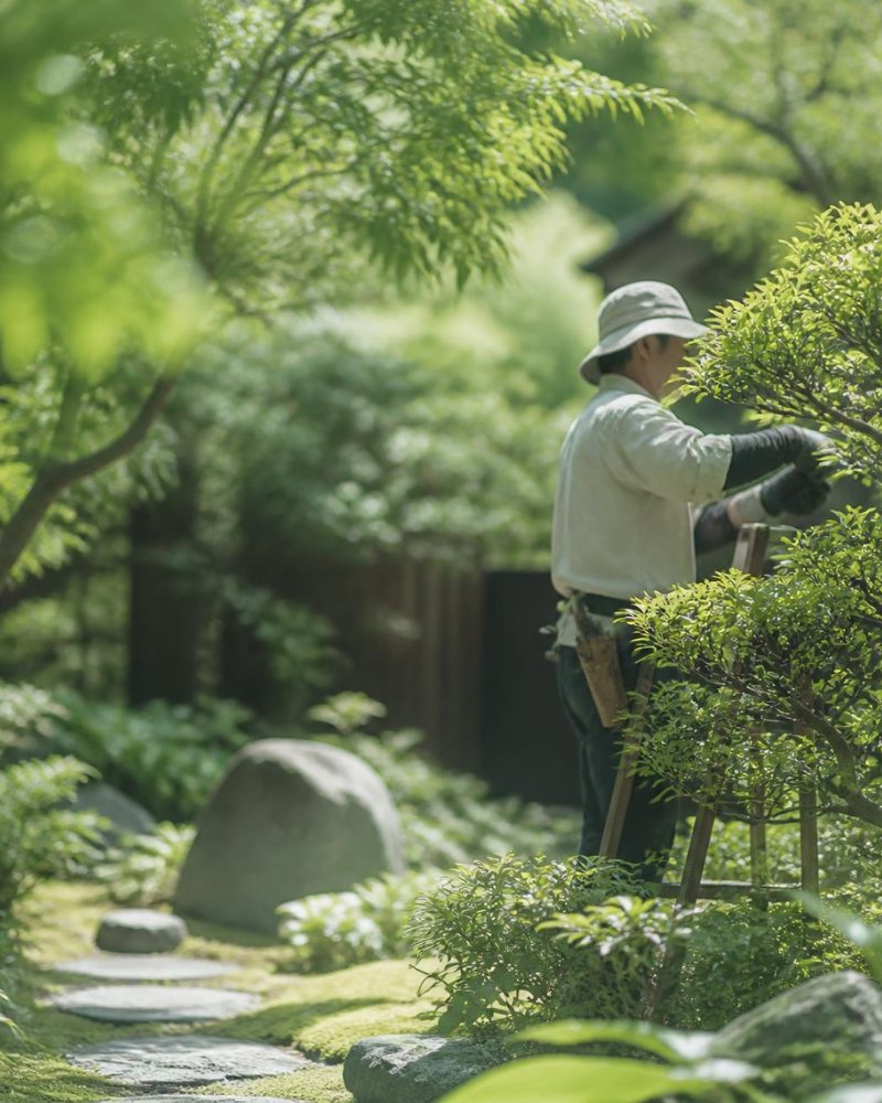 緑の庭で庭木の手入れをする庭師